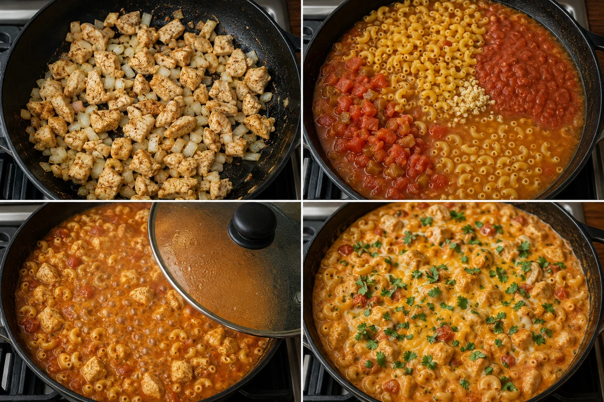 Four stages showing seasoned chicken and onion cooked, elbow macaroni and tomato liquids added, the covered pasta simmered, and Colby Jack melted in