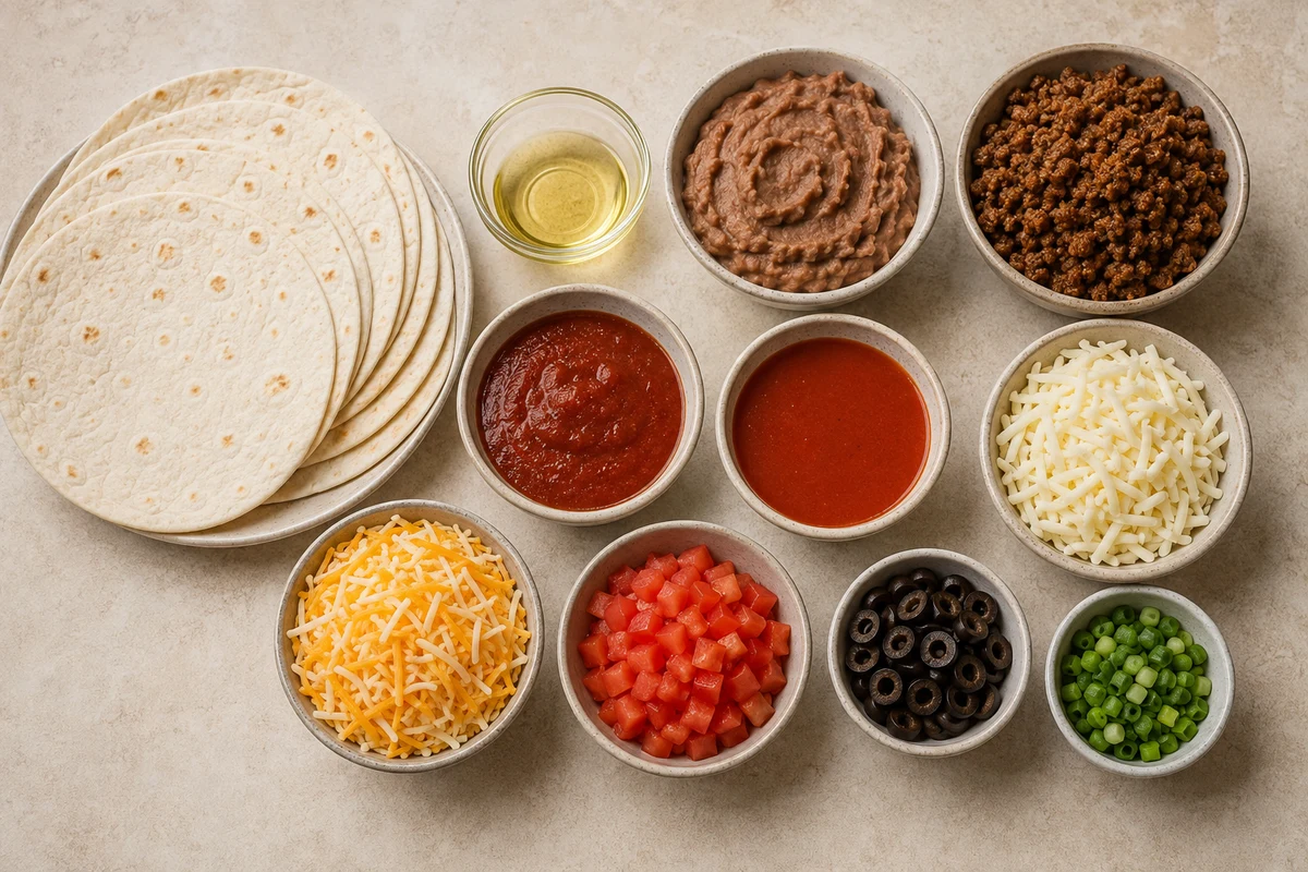 Eight flour tortillas, refried beans, seasoned beef, taco and enchilada sauces, two cheeses, tomato, olives, and green onions
