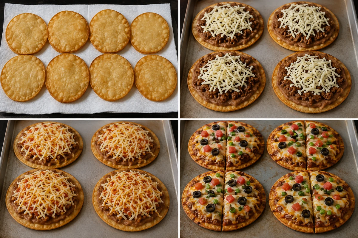 Four stages showing eight tortillas fried, four bean and beef bases assembled, four pizzas sauced and cheesed, and four finished pizzas quartered