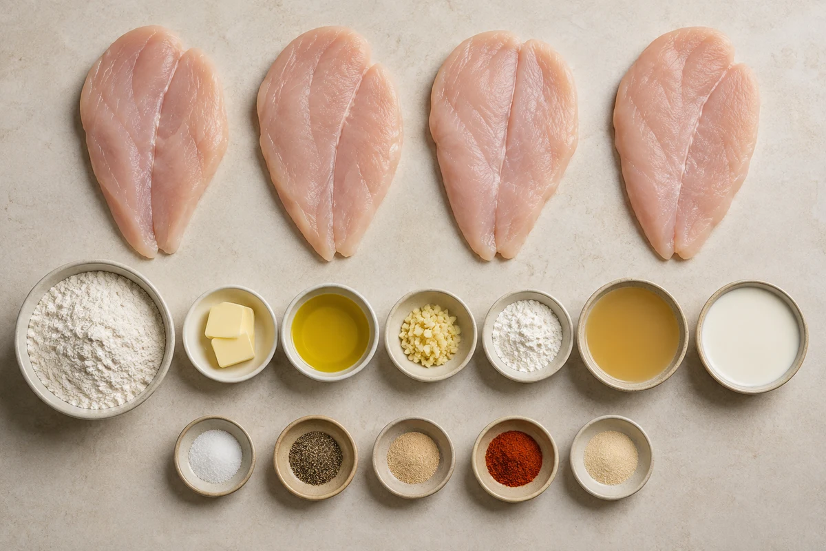 Four butterflied chicken breast portions, flour, butter, olive oil, garlic, broth, heavy cream, and measured seasonings