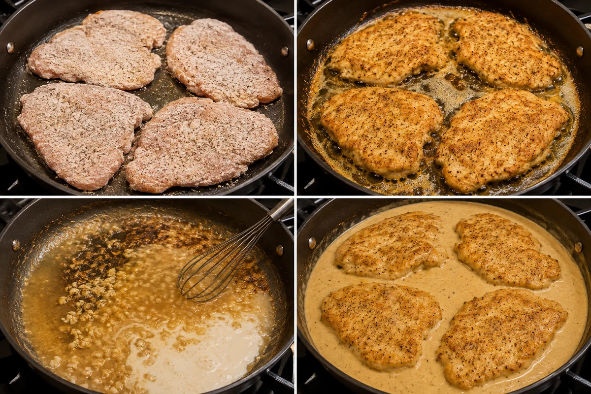 Four stages showing chicken seasoned and floured, pan-fried until golden, garlic flour roux started, and creamy gravy finished