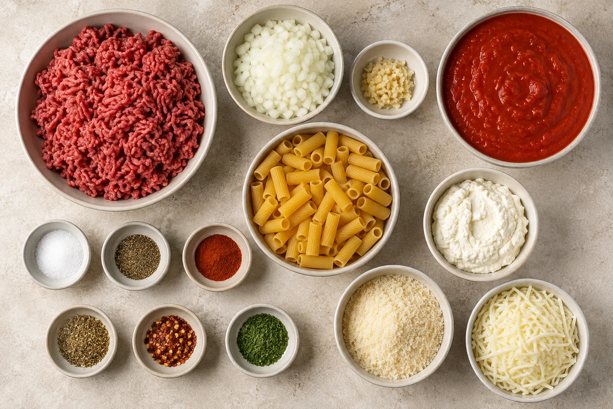 Ground beef, rigatoni, marinara, ricotta, mozzarella, Parmesan, onion, garlic, and measured seasonings