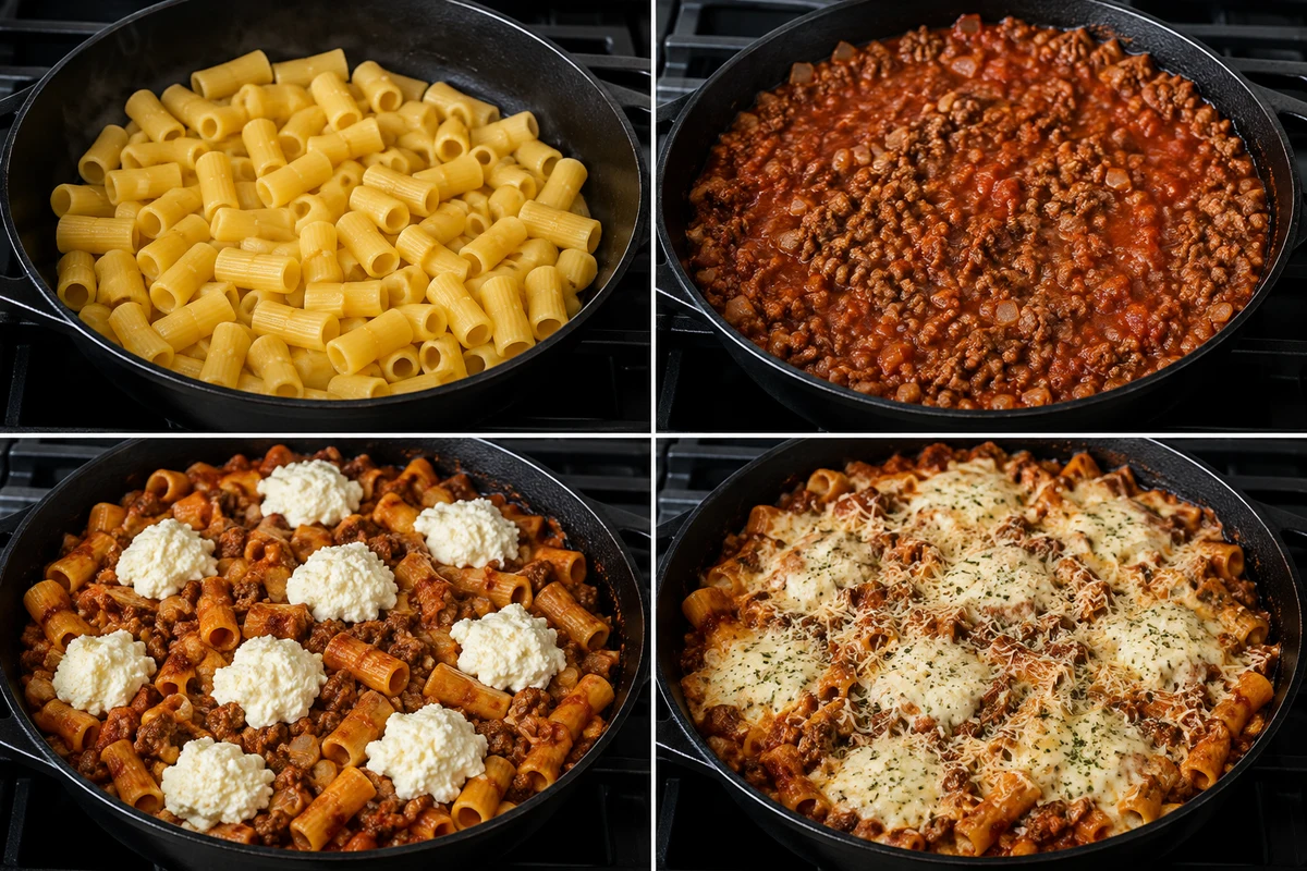 Four stages showing rigatoni cooked, seasoned beef and onion browned, pasta folded into marinara with ricotta, and mozzarella baked until melted