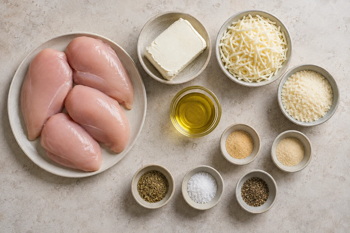 Four chicken breasts, cream cheese, mozzarella, Parmesan, olive oil, parsley, and measured seasonings