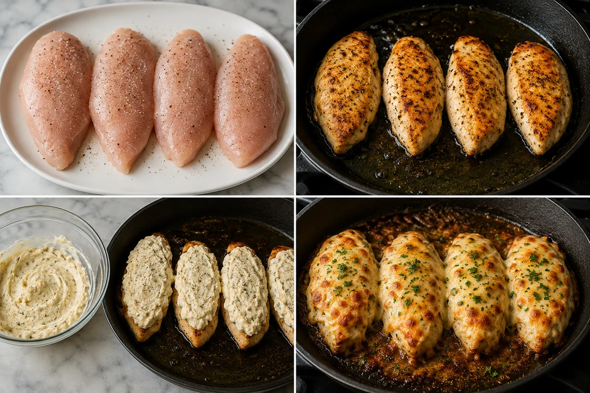Four stages showing four chicken breasts seasoned, seared golden, covered with cream cheese mixture, and baked until bubbly