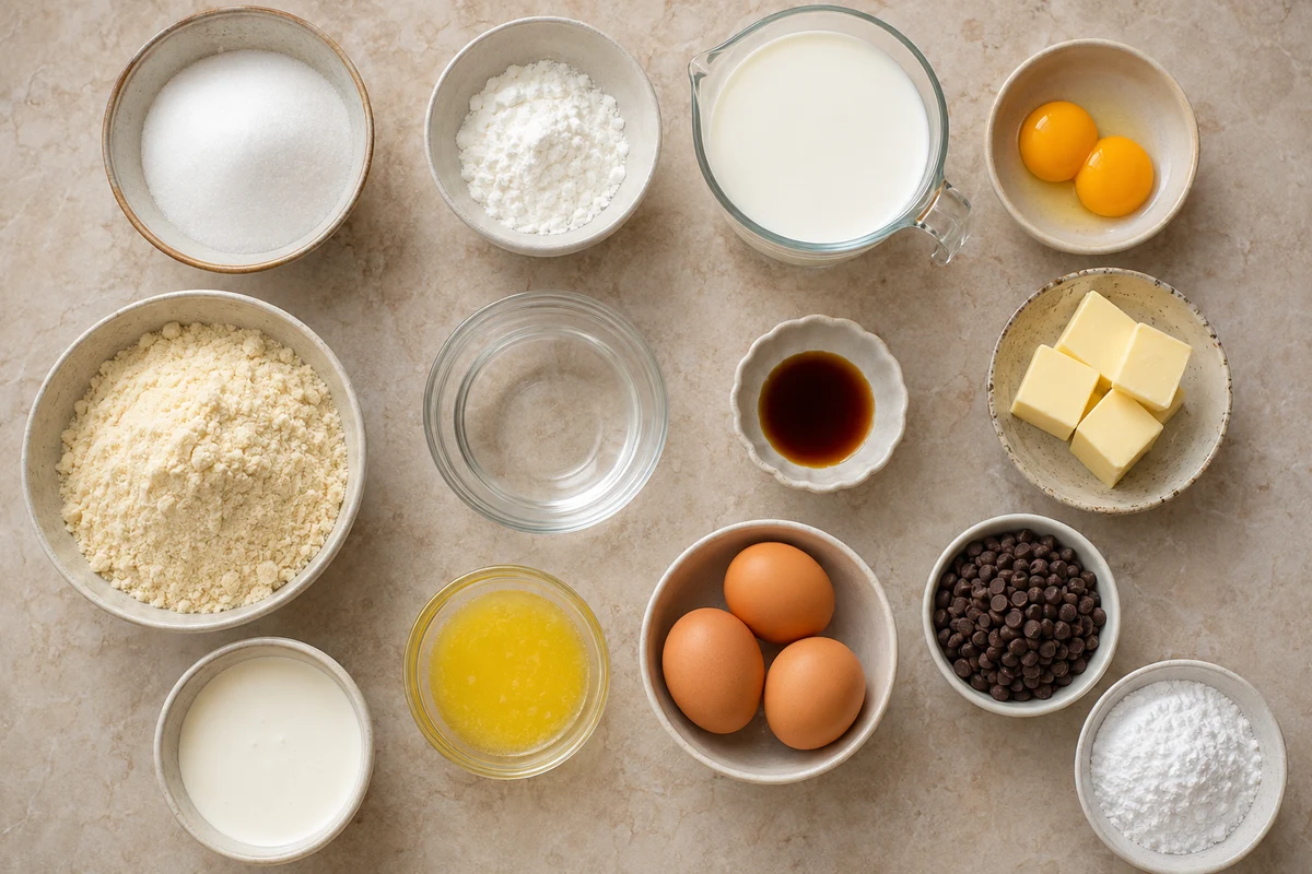 Sugar, cornstarch, milk, two yolks, butter, vanilla, yellow cake mix, three eggs, chocolate chips, cream, and powdered sugar