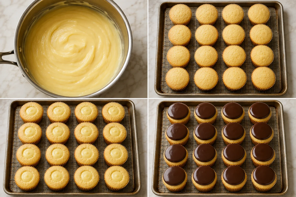 Four stages showing pastry cream cooked, sixteen cupcakes cooled, sixteen centers filled, and sixteen cupcakes topped with ganache