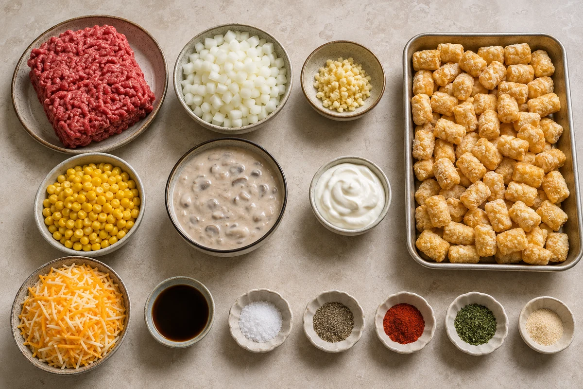 Ground beef, onion, garlic, corn, mushroom soup, sour cream, Colby Jack, tater tots, Worcestershire, and seasonings