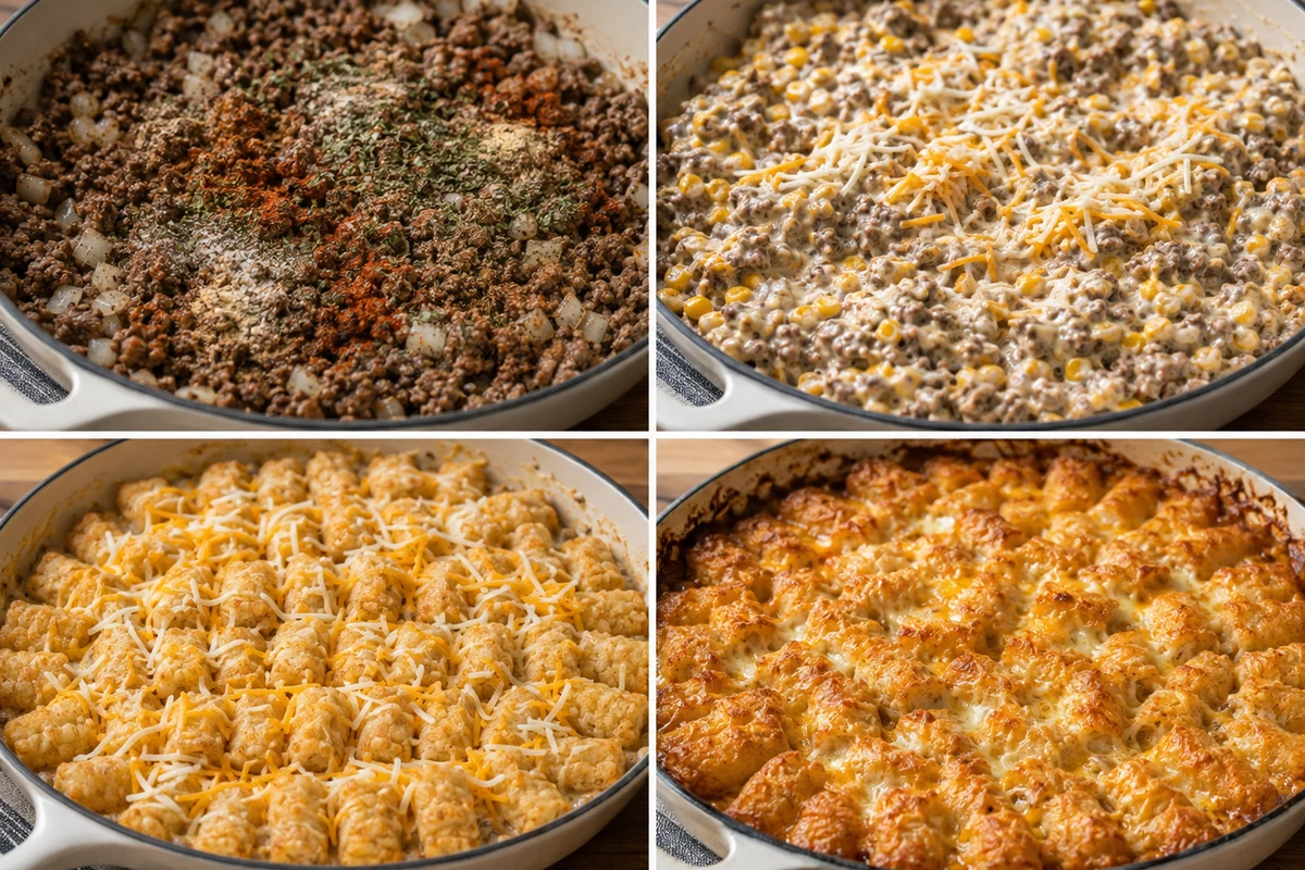 Four stages showing seasoned beef and onion browned, creamy corn filling mixed, frozen tater tots arranged, and casserole baked golden
