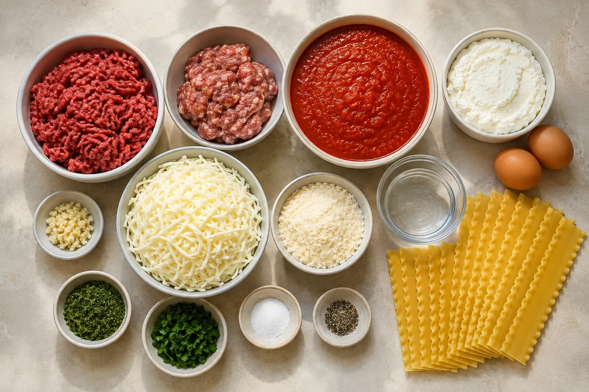 Ground beef, sweet Italian sausage, spaghetti sauce, ricotta, eggs, mozzarella, Parmesan, parsley, and twelve lasagna noodles