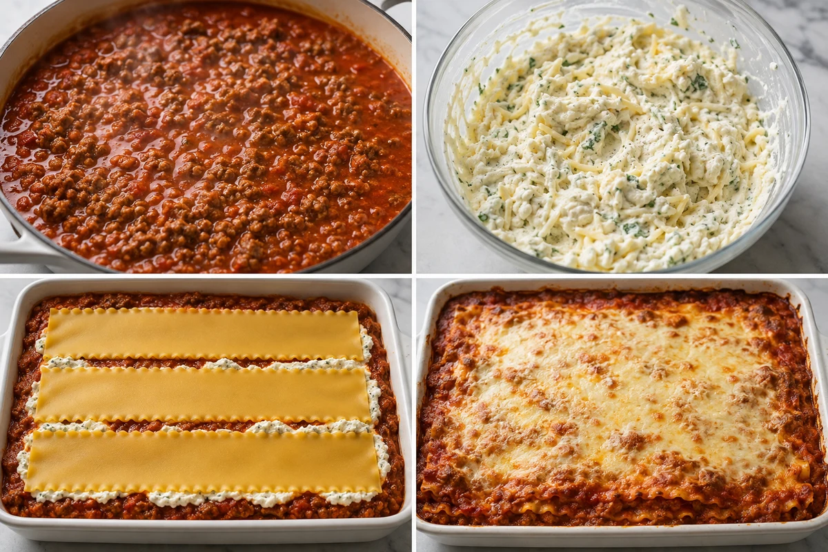 Four stages showing meat sauce simmered, ricotta filling mixed, uncooked noodle layers assembled, and lasagna baked golden