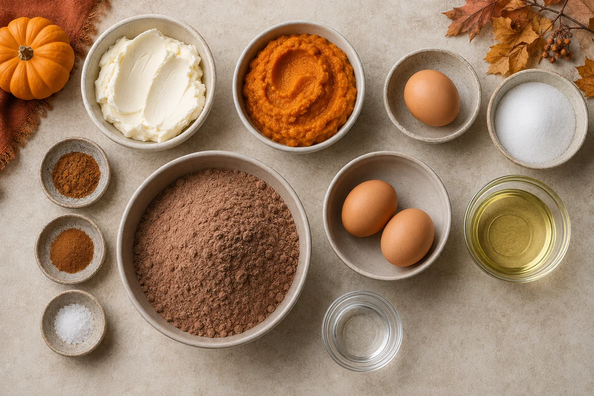 Cream cheese, pure pumpkin, three eggs, sugar, spices, brownie mix, vegetable oil, and water
