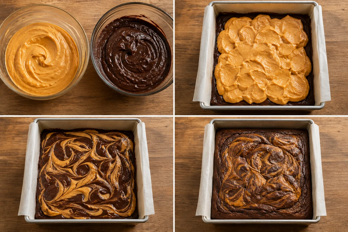 Four stages showing pumpkin and brownie mixtures prepared, two-thirds brownie batter layered with pumpkin, remaining batter swirled, and brownies baked