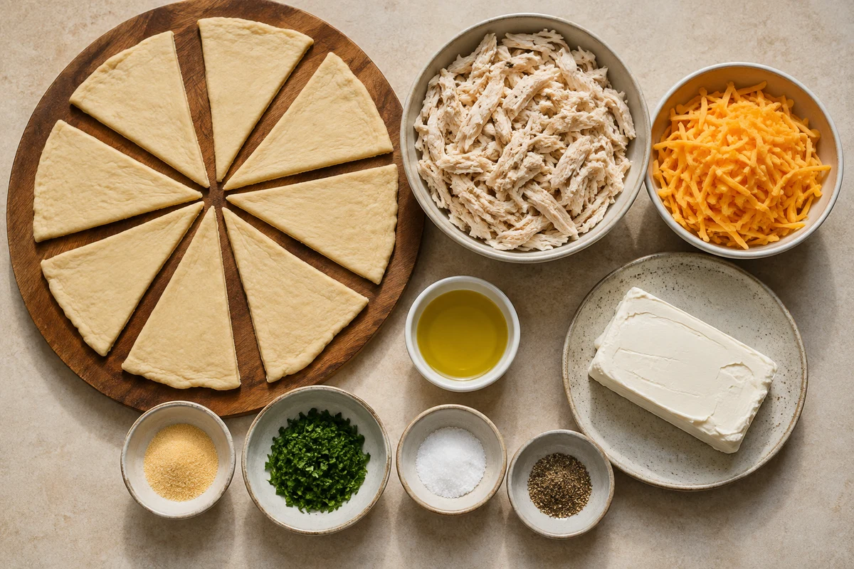 Eight crescent triangles, shredded cooked chicken, cream cheese, cheddar, garlic powder, parsley, salt, pepper, and oil