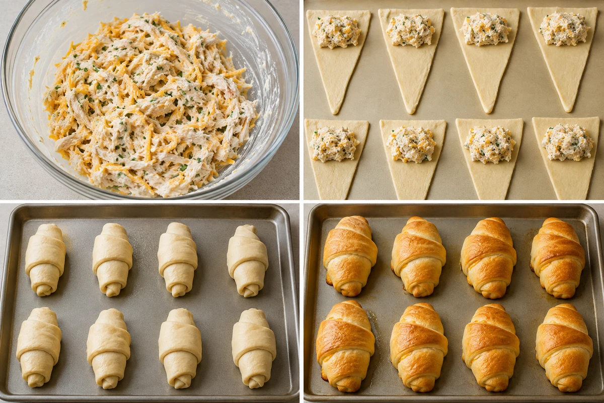 Four stages showing creamy chicken filling mixed, eight dough triangles filled, eight crescents rolled seam-down, and eight rolls baked golden