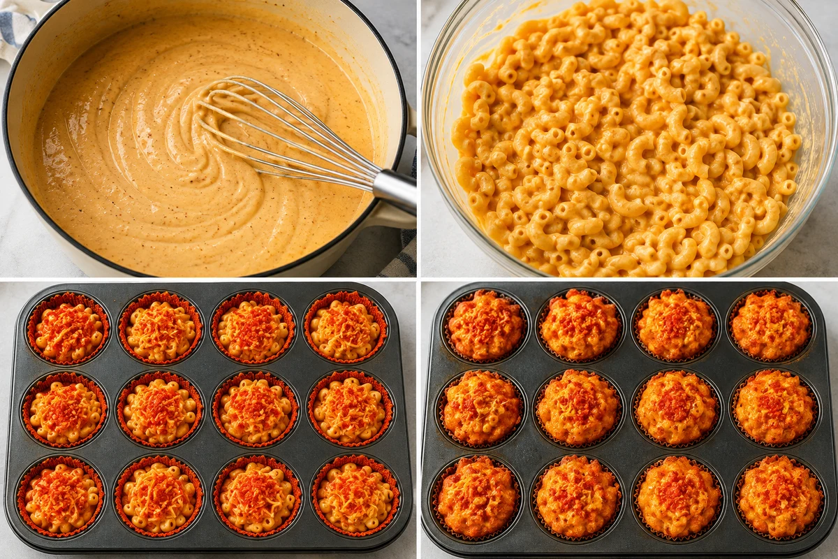 Four stages showing cheese sauce prepared, macaroni mixed with egg, twelve muffin cups coated and filled, and twelve muffins baked