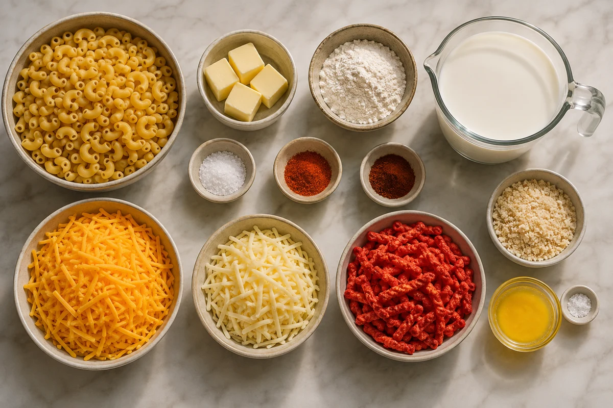 Elbow pasta, butter, flour, milk, cheddar, Gruyere, panko, crushed spicy cheese snacks, and seasonings