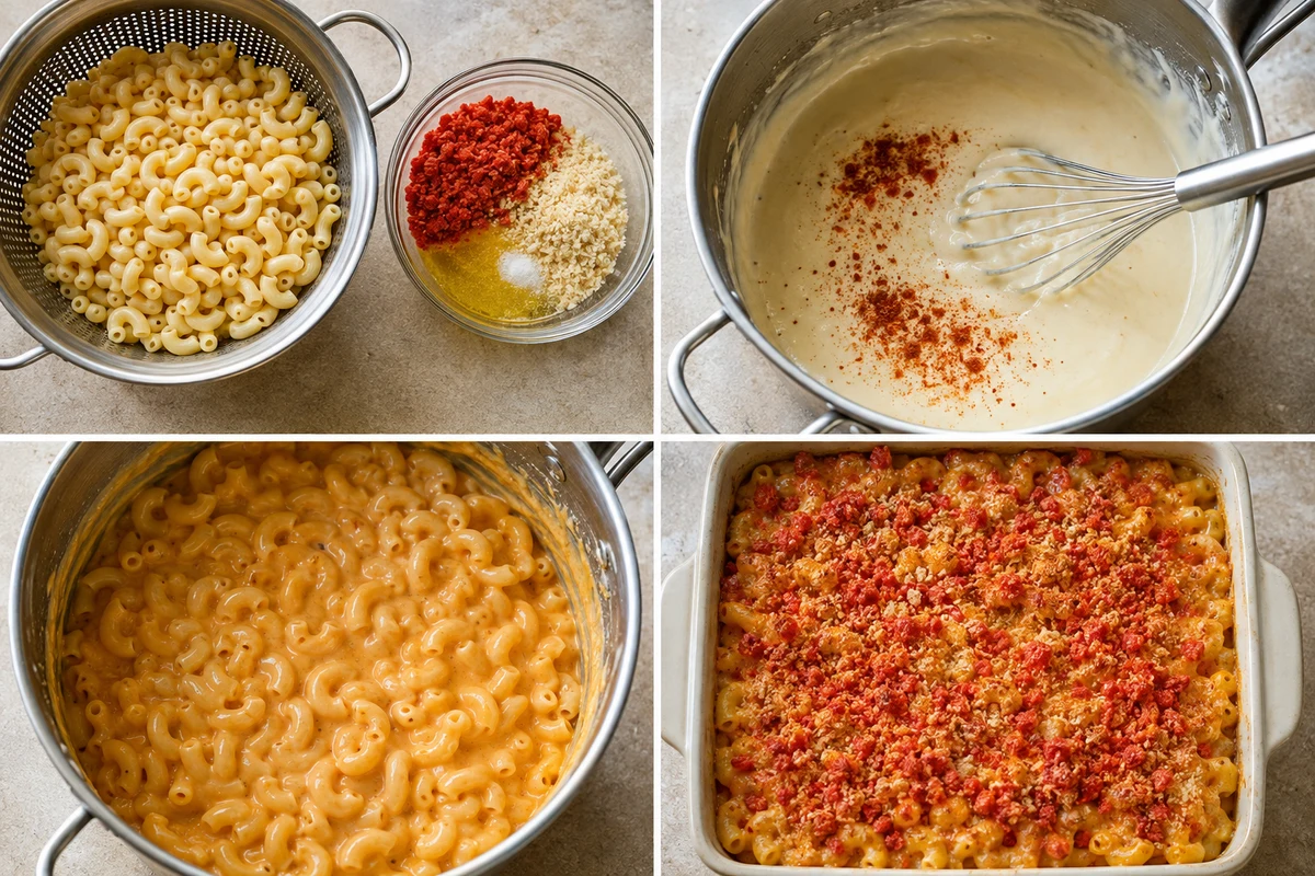 Four stages showing elbow pasta and spicy crumb topping prepared, milk sauce thickened, cheeses and pasta combined, and mac and cheese baked with red crumbs