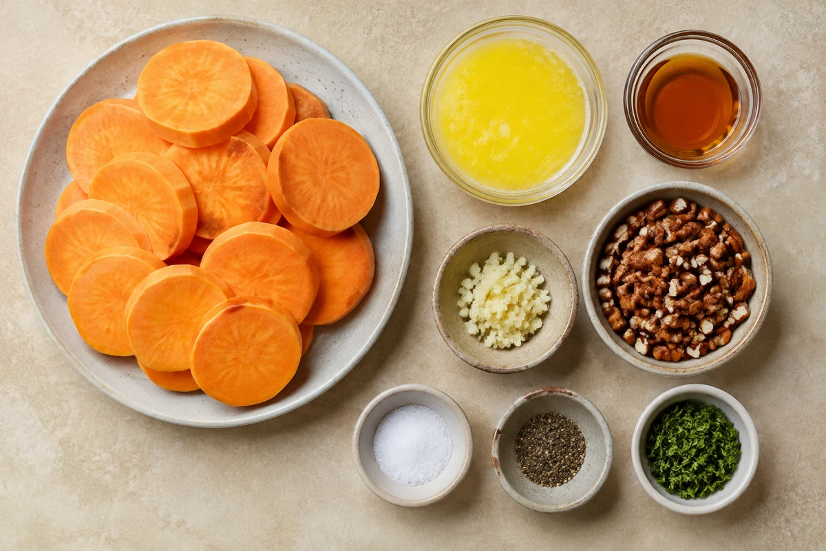 Sweet potato rounds, melted butter, maple syrup, garlic, salt, pepper, toasted pecans, and fresh herbs