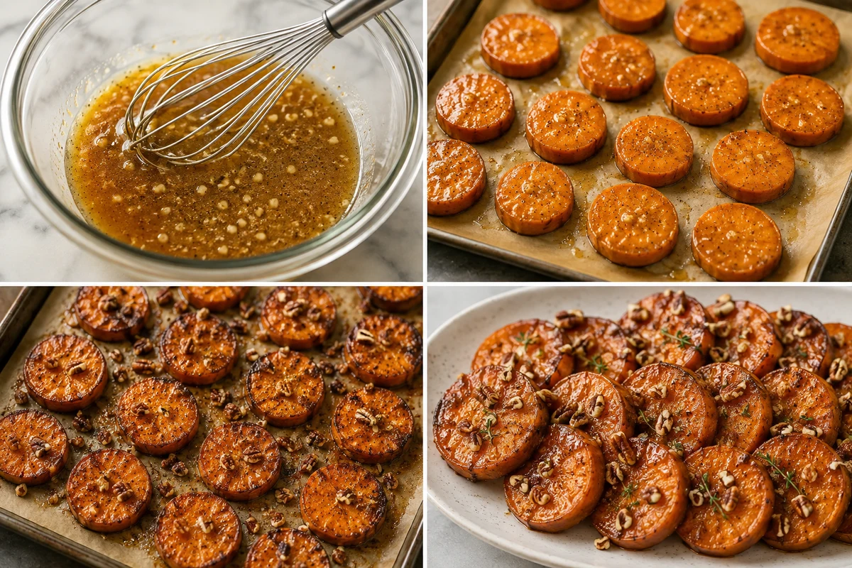 Four stages showing maple garlic butter whisked, sweet potato rounds coated, rounds roasted and topped with pecans, and finished potatoes plated