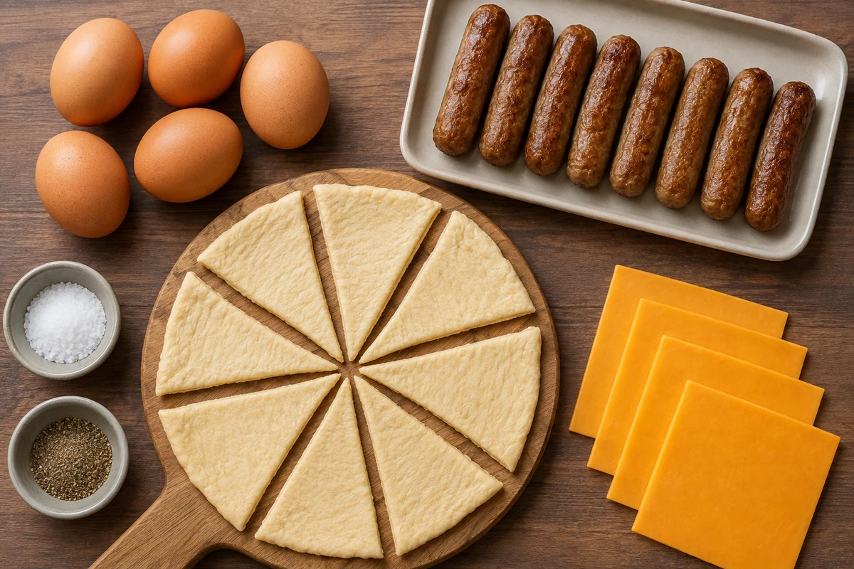 Five eggs, eight crescent triangles, eight sausage links, four cheddar slices, salt, and pepper