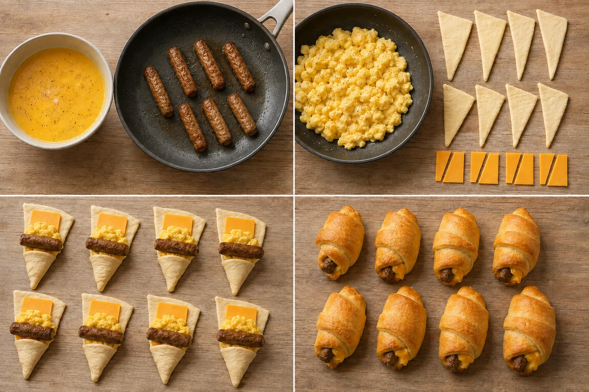 Four stages showing five eggs whisked and eight sausages browned, eggs scrambled and dough prepared, eight rollups filled, and eight rollups baked golden