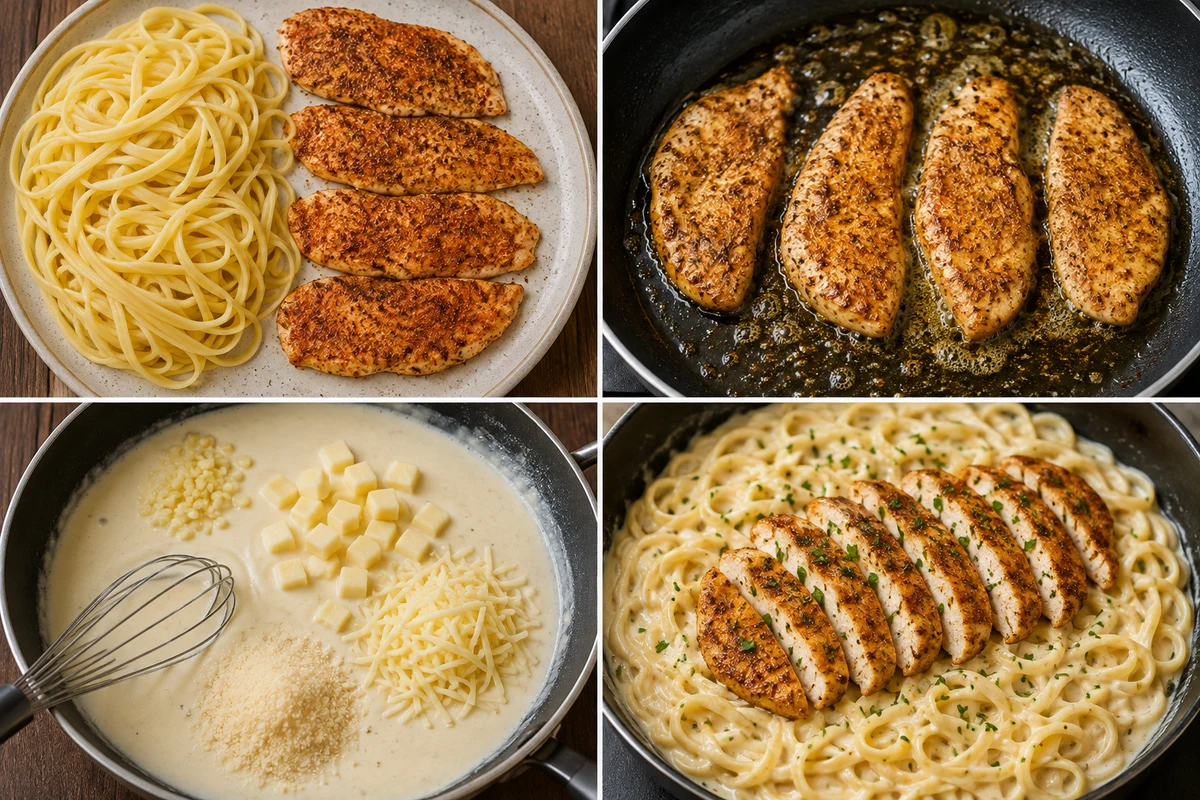 Four stages showing linguine and four seasoned cutlets, four cutlets searing, three-cheese Alfredo sauce, and sliced chicken over creamy pasta
