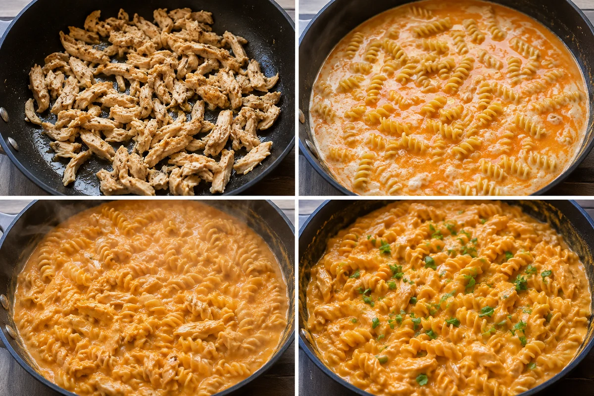 Four stages showing shredded chicken seasoned in a skillet, pasta added to buffalo cream liquid, pasta simmered until tender, and cheeses melted in