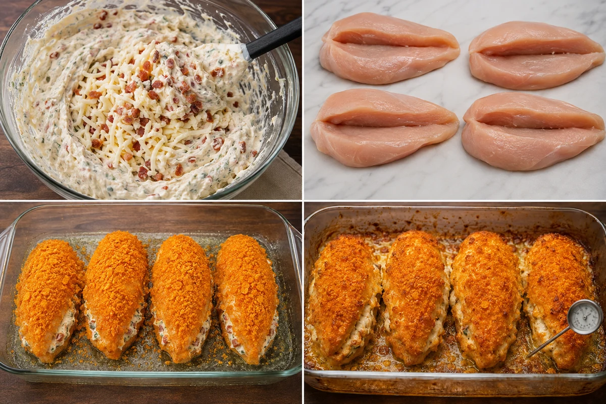 Four stages showing bacon cream cheese filling, four butterflied breasts, four stuffed Doritos-coated breasts, and four baked stuffed chicken breasts