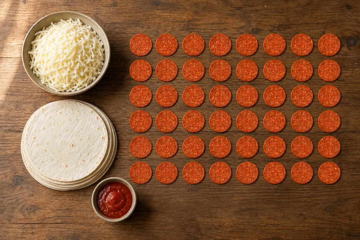 Four cups mozzarella, eight low-carb tortillas, half cup pizza sauce, and exactly forty-eight pepperoni slices