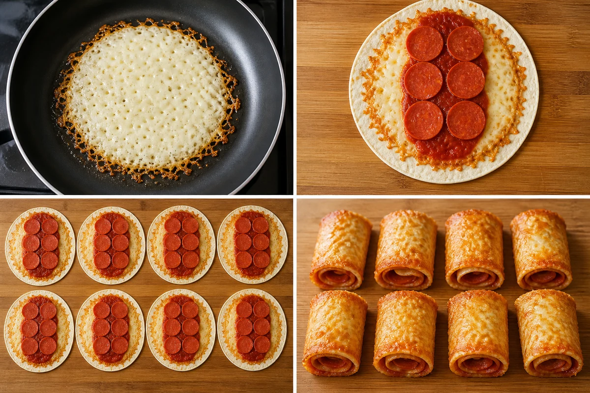 Four stages showing mozzarella melted in a skillet, a tortilla filled with sauce and six pepperoni, eight filled tortillas, and eight crisp rollups