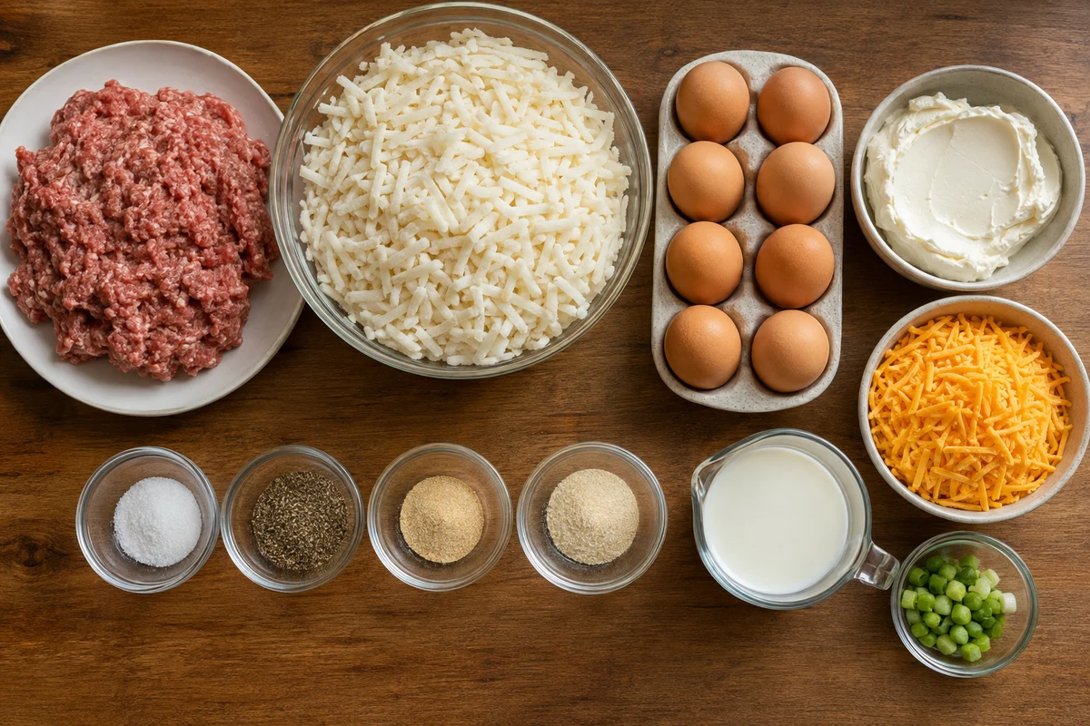 Breakfast sausage, frozen shredded hash browns, eggs, cream cheese, cheddar, milk, salt, pepper, garlic powder, onion powder, and green onions