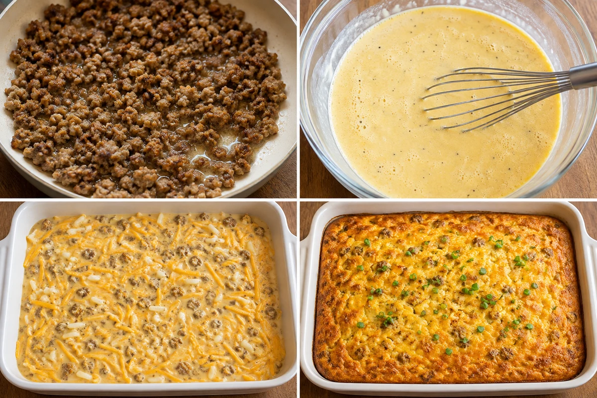 Four stages showing sausage browning, seasoned eggs whisked with cream cheese, hash brown mixture in a baking dish, and the golden baked casserole
