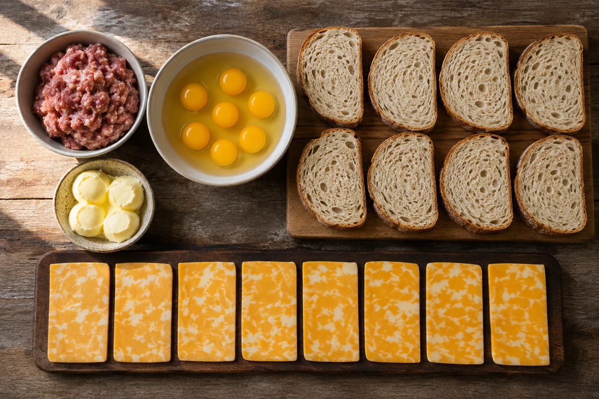 Breakfast sausage, six eggs, eight sourdough slices, eight Colby-Jack slices, and four tablespoons butter