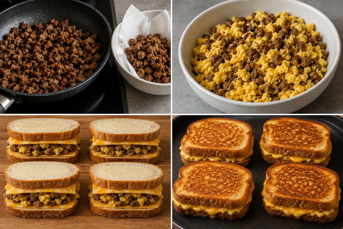 Four stages showing sausage browned and drained, six scrambled eggs combined with sausage, four sandwiches assembled, and four grilled sandwiches golden