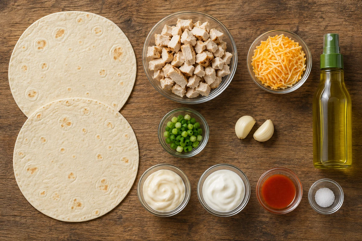 Two tortillas, cooked chicken, grated cheese, green onion, garlic, mayonnaise, Greek yogurt, hot sauce, salt, and olive oil spray