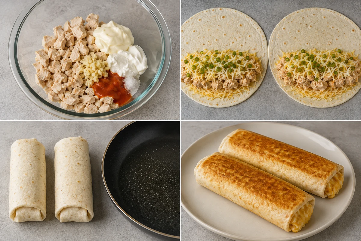 Four stages showing creamy chicken filling, two tortillas filled, two wraps rolled, and two whole wraps cooked golden