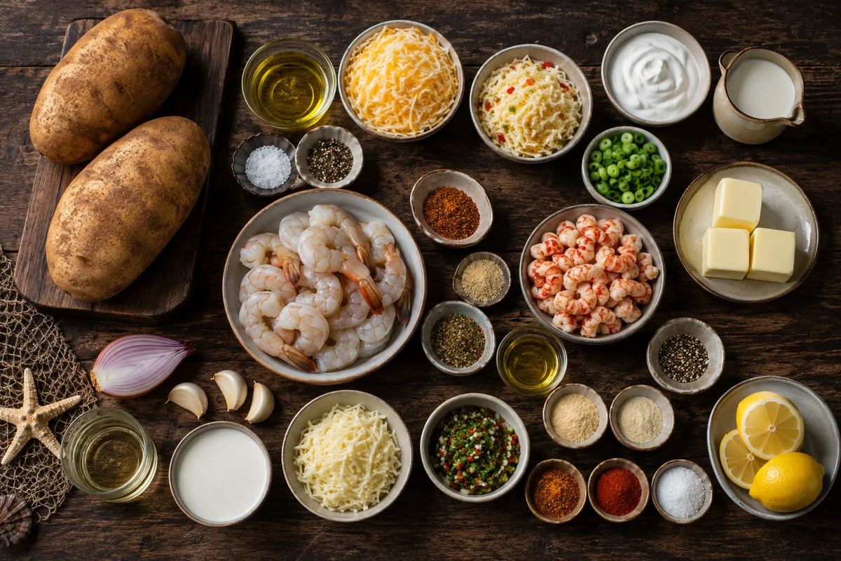 Two Russet potatoes, shrimp, crawfish, cheeses, sour cream, butter, cream, wine, shallot, garlic, lemon, spices, and green onions