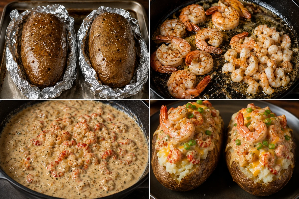 Four stages showing two foil-wrapped baked potatoes, shrimp searing, crawfish cream sauce, and two loaded seafood potatoes