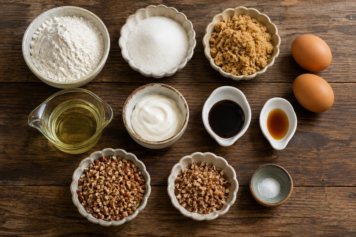 Two eggs, sour cream, vegetable oil, cane syrup, vanilla, self-rising flour, two portions of pecans, white sugar, brown sugar, and salt