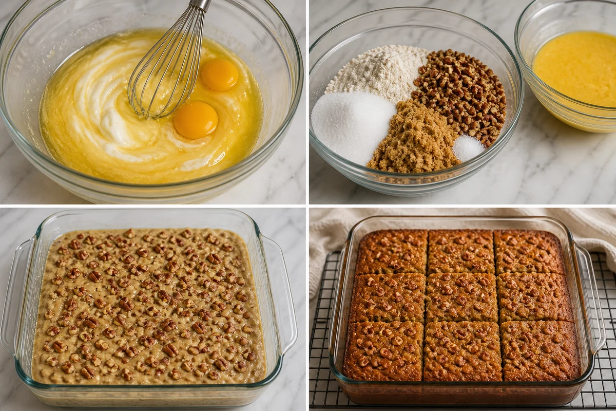 Four stages showing wet ingredients whisked, dry ingredients combined, pecan batter in an eight-inch glass pan, and nine cooled bread squares