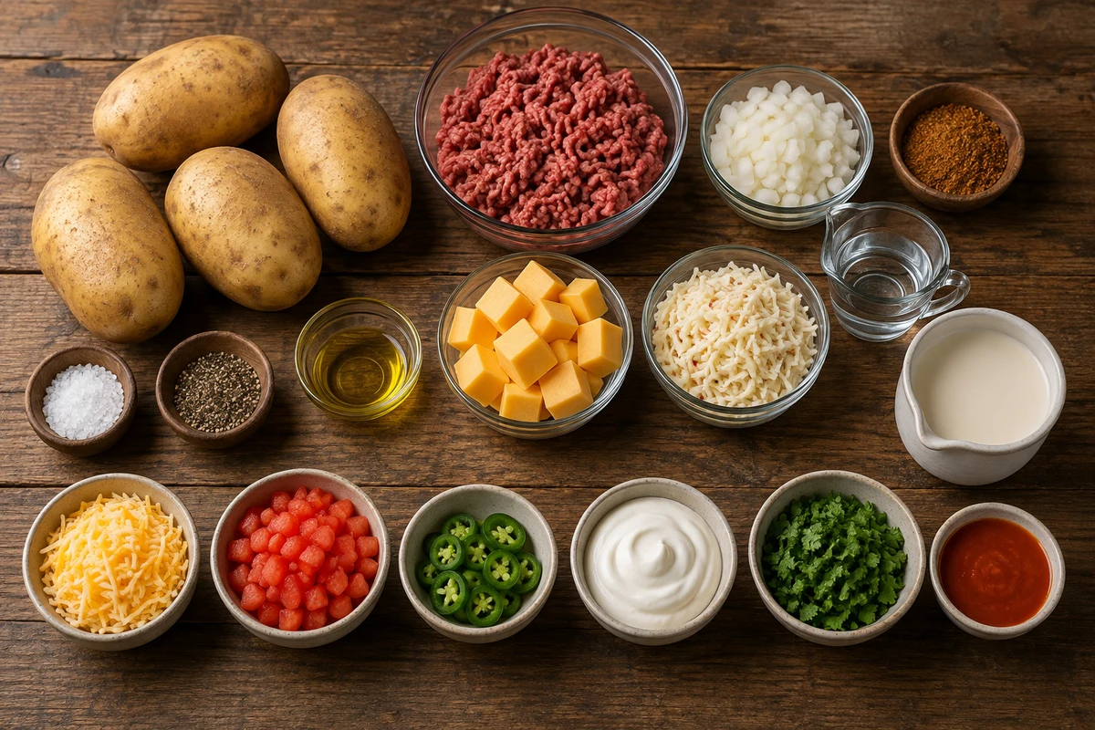 Four potatoes, ground beef, onion, taco seasoning, Velveeta, pepper jack, green chilies, evaporated milk, and taco toppings