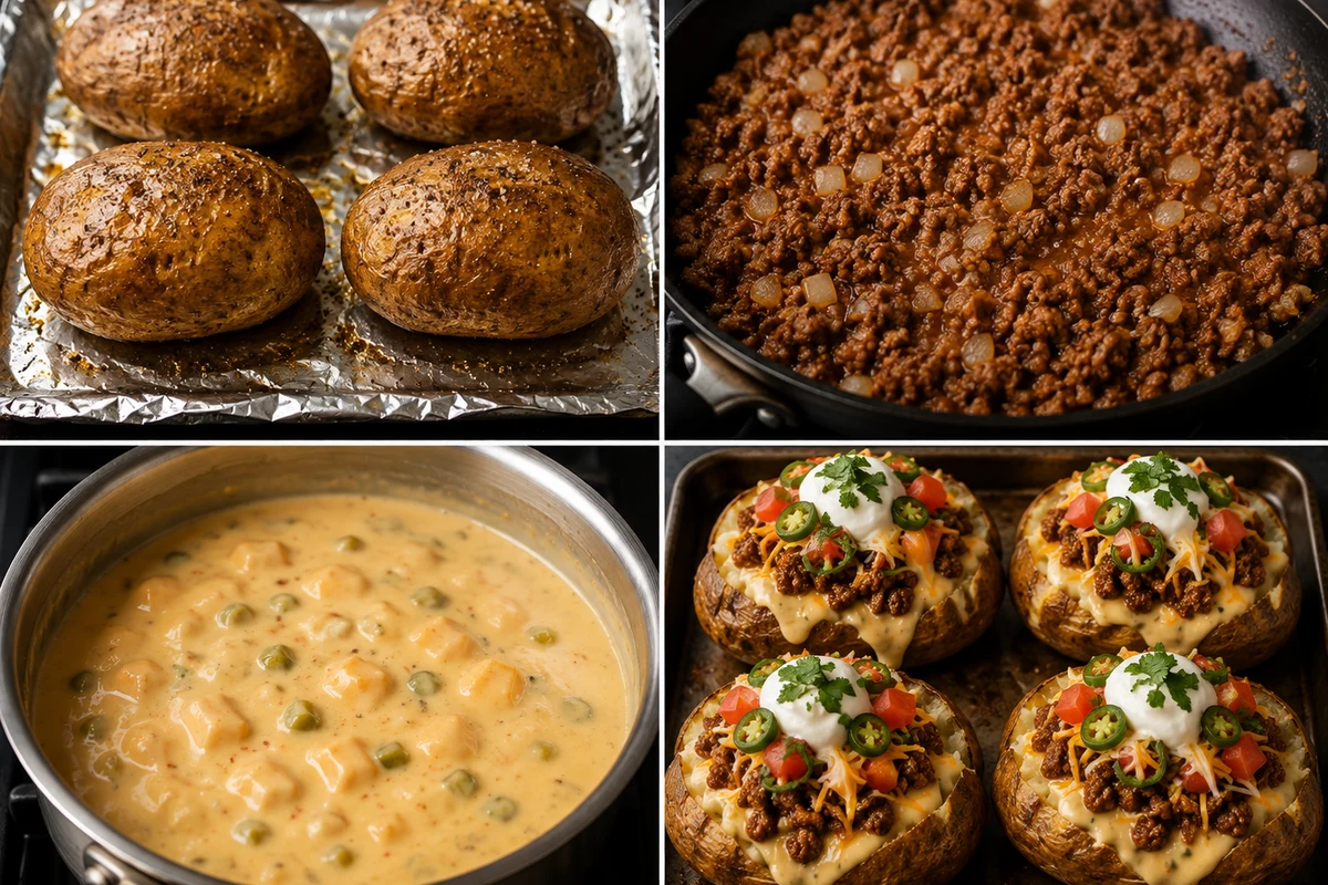 Four stages showing four baked potatoes, taco beef browning, chile cheese sauce melting, and four loaded taco potatoes