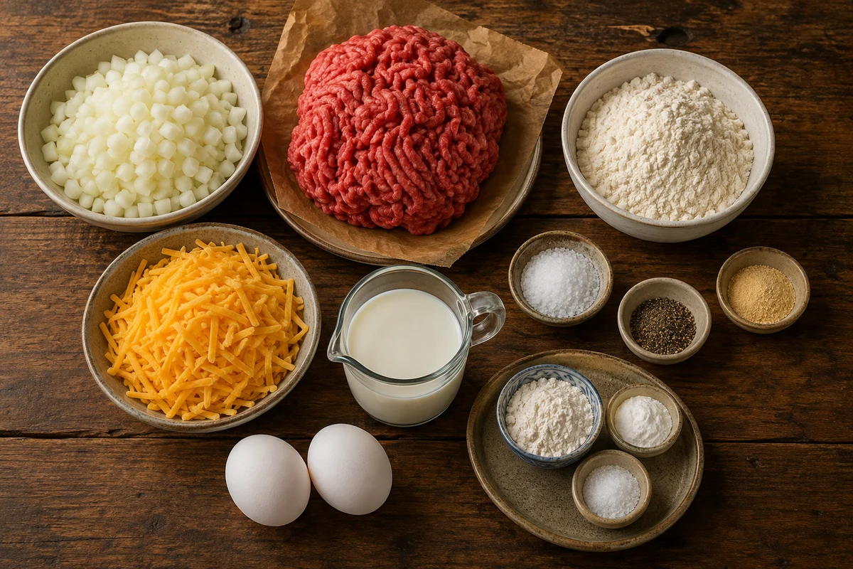 Diced onion, lean beef, salt, pepper, garlic powder, cheddar, baking mix, milk, two eggs, and homemade mix alternative