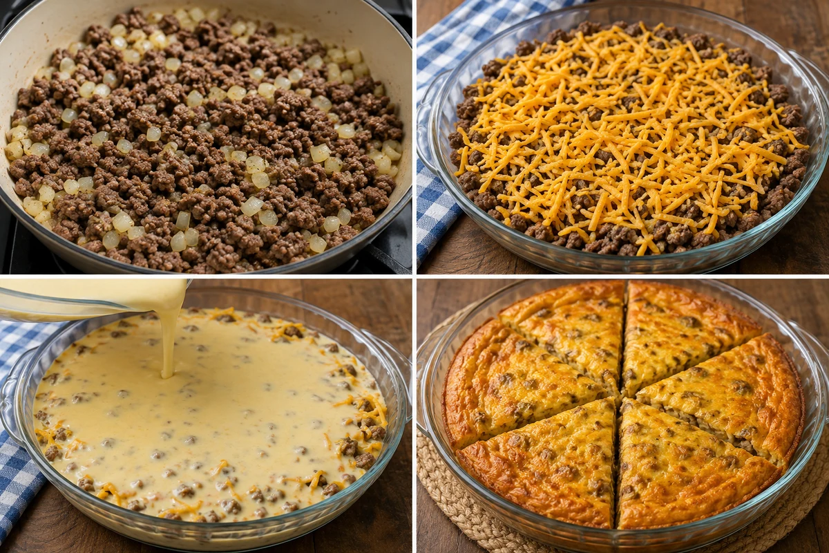 Four stages showing beef and onion cooked, cheddar layered in a pie pan, batter poured over, and the pie baked into six wedges