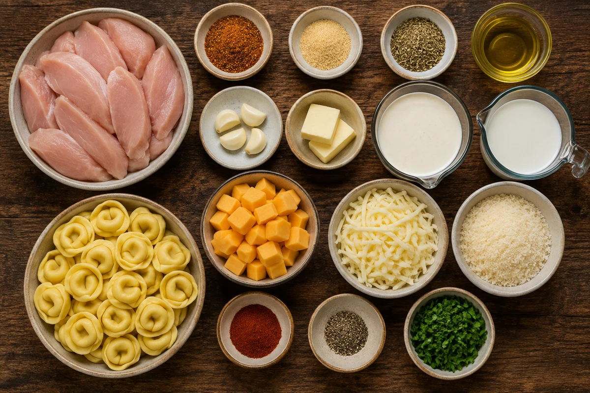 Chicken, Cajun garlic and Italian seasonings, oil, butter, four garlic cloves, cream, milk, three cheeses, spices, tortellini, and parsley