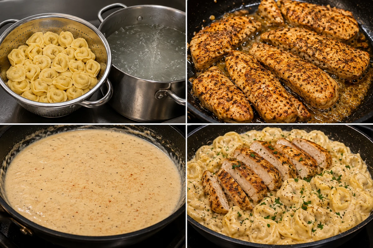 Four stages showing tortellini drained, seasoned chicken seared, three-cheese garlic sauce, and creamy tortellini topped with chicken