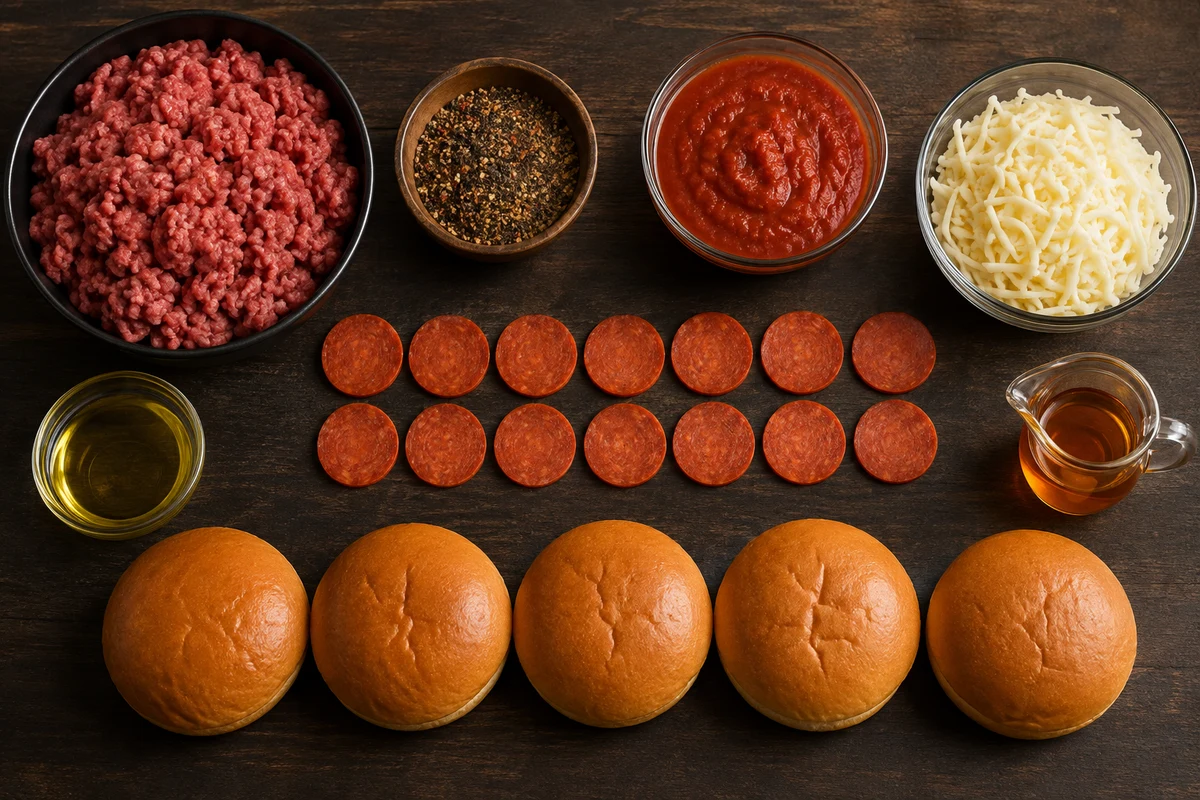 Ground beef, mesquite peppercorn lager rub, oil, marinara, mozzarella, pepperoni, honey, and five burger buns