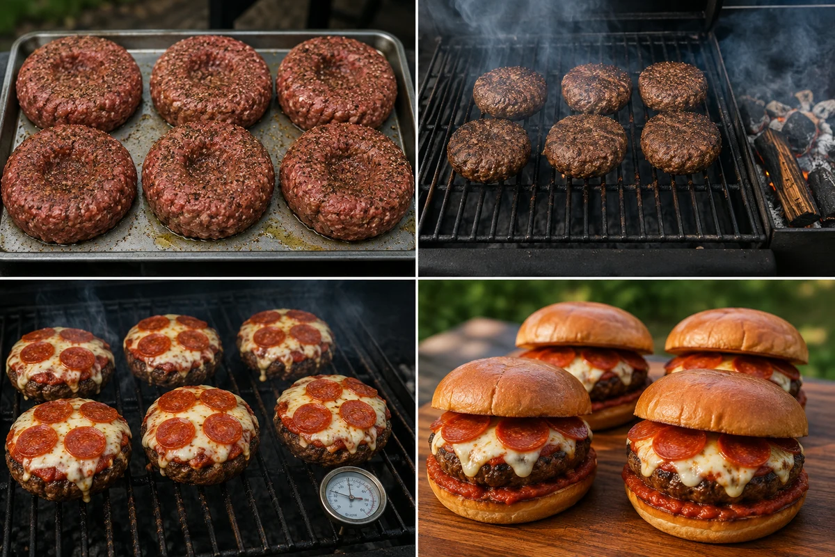 Four stages showing six indented patties, patties smoking indirectly, pizza toppings melting, and four burgers on toasted buns