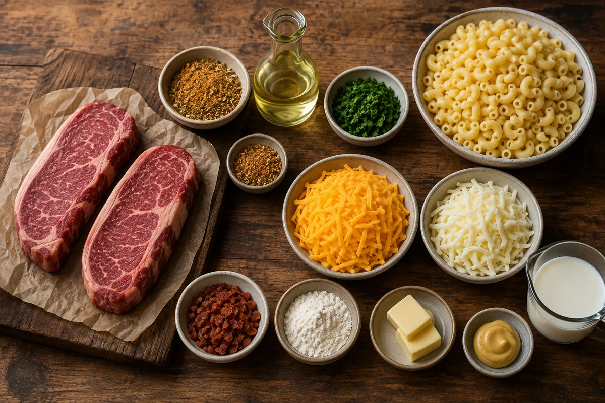 Two steaks, cowboy butter rub, canola oil, parsley, cooked elbows, cheddar, mozzarella, milk, bacon, flour, butter, and Dijon